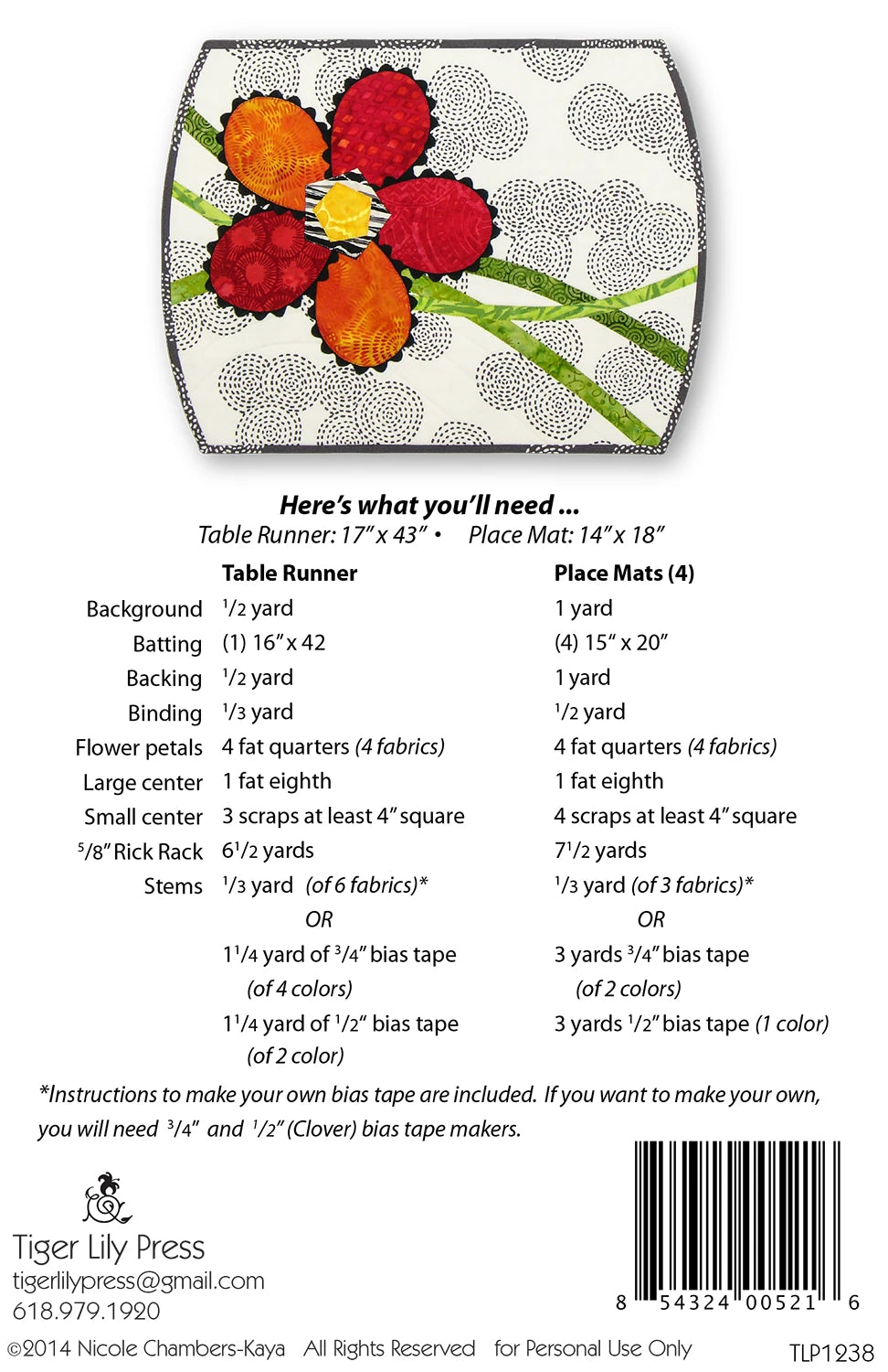 Pickle Blooms Table Runner and Placemat Pattern By Tiger Lily Press