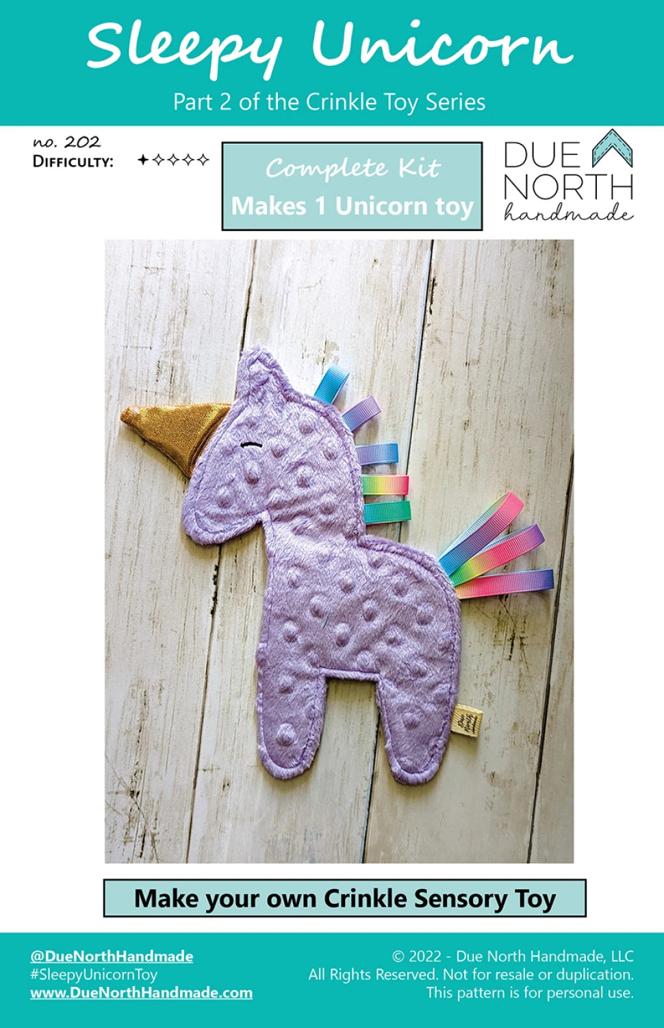 Sleepy Unicorn Crinkle Toy Kit By Due North Handmade