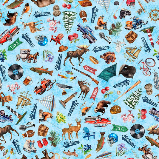 Preorder - QT Fabrics - All Michigan Shop Hop 2026 Fabric - Michigan Icons - Light Blue - 32079 B - Ships June 2026