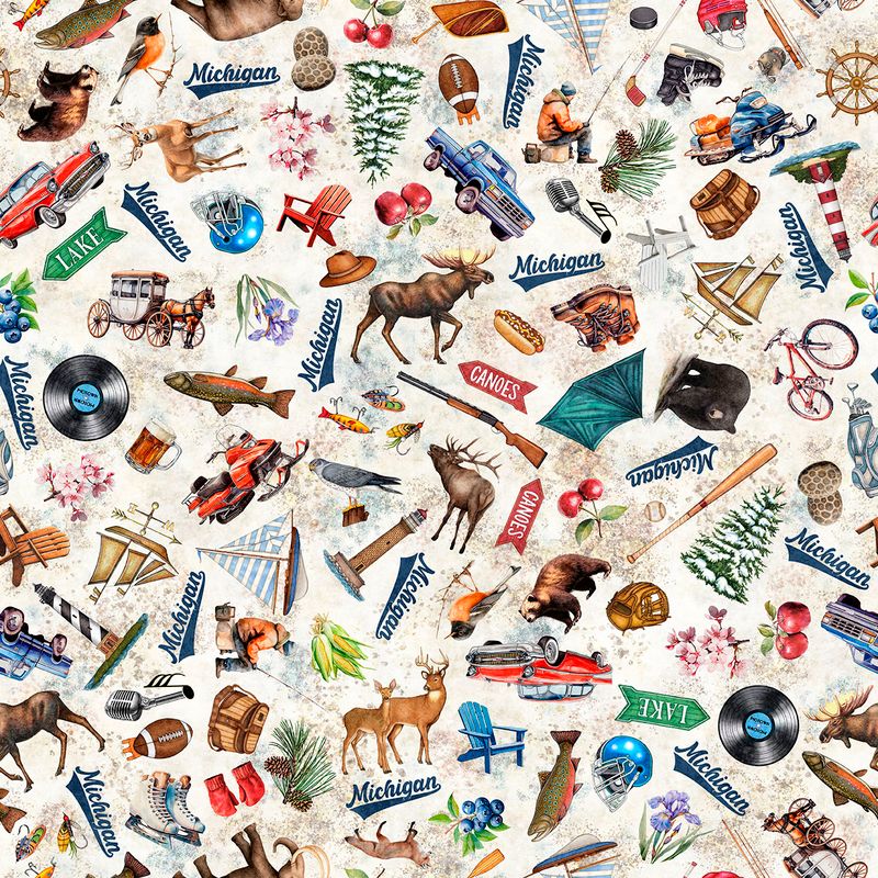 Preorder - QT Fabrics - All Michigan Shop Hop 2026 Fabric - Michigan Icons - Cream - 32079 E - Ships June 2026