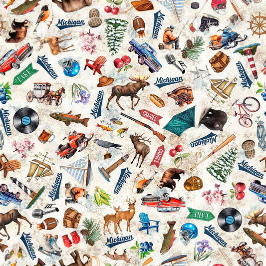 Preorder - QT Fabrics - All Michigan Shop Hop 2026 Fabric - Michigan Icons - Cream - 32079 E - Ships June 2026