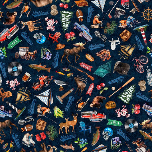 Preorder - QT Fabrics - All Michigan Shop Hop 2026 Fabric - Michigan Icons - Navy - 32079 N - Ships June 2026