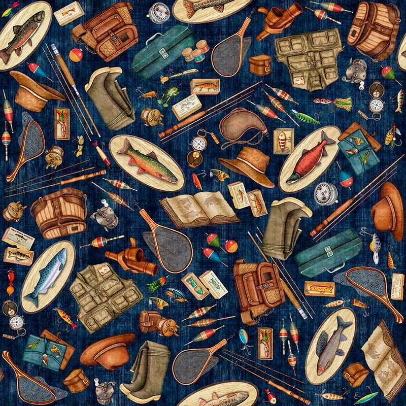 Preorder - QT Fabrics - All Michigan Shop Hop 2026 Fabric - Fishing Equipment - Navy - 32082 N - Ships June 2026