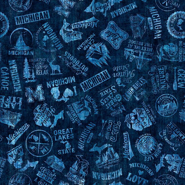 Preorder - QT Fabrics - All Michigan Shop Hop 2026 Fabric - Michigan Slogans - Navy - 32083 N - Ships June 2026