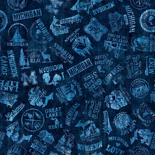 Preorder - QT Fabrics - All Michigan Shop Hop 2026 Fabric - Michigan Slogans - Navy - 32083 N - Ships June 2026