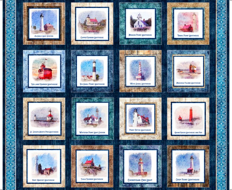 Preorder - QT Fabrics - All Michigan Shop Hop 2026 Fabric - Lighthouse Picture Patches Panel - 32078 X - Ships June 2026