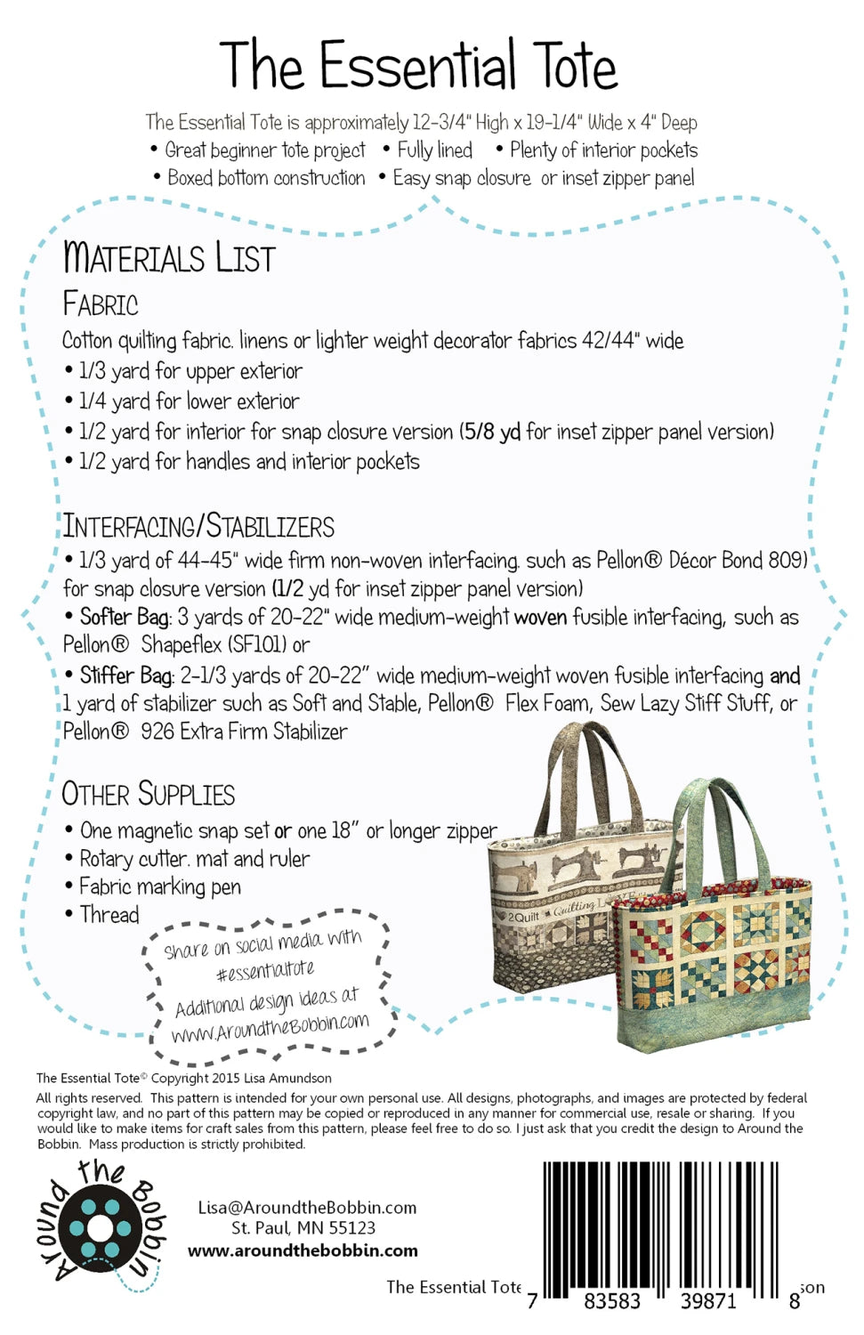 The Essential Tote Bag Pattern By Around the Bobbin