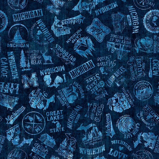 PREORDER - QT Fabrics - All Michigan Shop Hop 2026 Minky - Slogans Navy - 7777 32083 - Ships June 2026