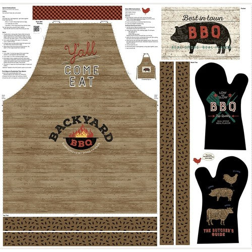 Clothworks - Backyard BBQ - Brown Apron and Mitts Panel - Y4420-15